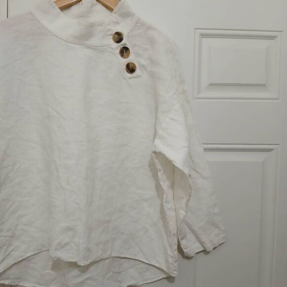 Zara womens large linen mockneck white drop sleeve shirt Popover - Picture 2 of 5